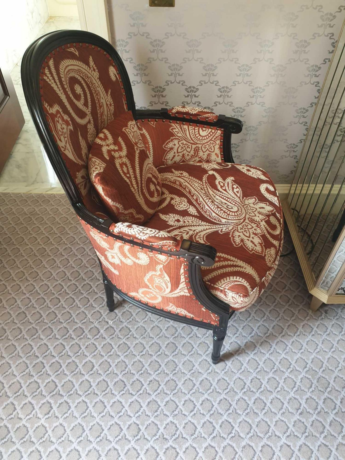 A Pair Of Bergere Chairs Black Wood Frame Upholstered In A Rust Red And Cream Damask Pattern With - Image 2 of 4