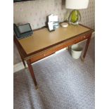 Writing Desk With Tooled Leather Inlay Faux Central Drawer Flanked By Single Drawer And Flap