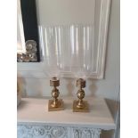 A Pair Of Candle Holders With Tall Glass Shades And Brass Featuring Ornamental Design 42cm (Room 306