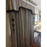 A Pair Of Silk Drapes With Pelmet In Cream And Brown With Tasselled Trim And Two Large Brown