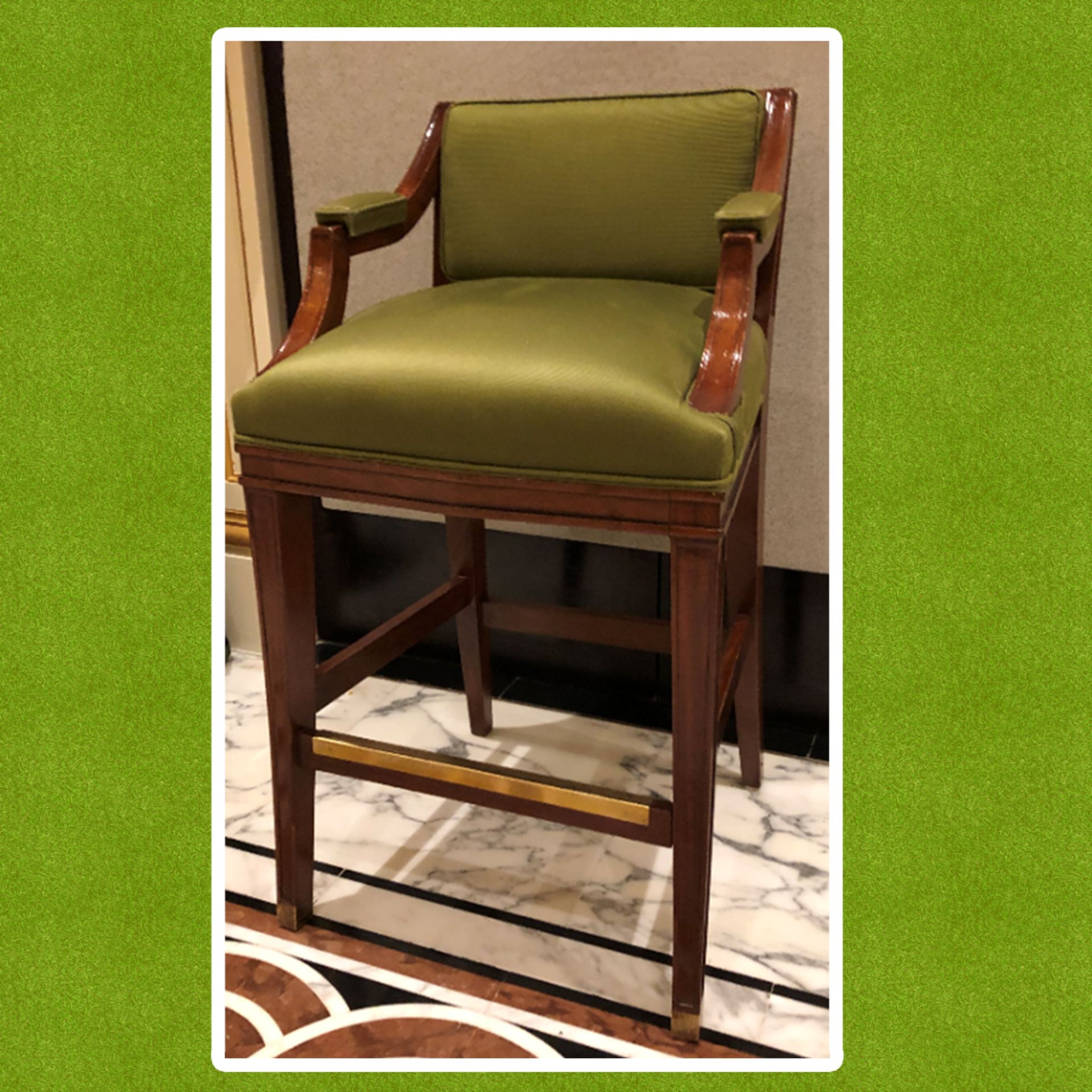 Neoclassic style mahogany tall bar stool, with a Lelievre Paris Olive Green upholstered padded - Image 3 of 3