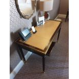 Writing Desk High Gloss Ebony Wood With Tooled Leather Inlay Faux Central Drawer Flanked By Single