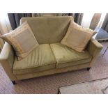 Contemporary Two Seater Sofa In Gold Upholstery With Square Arms With Scatter Cushions 150 x 80 x