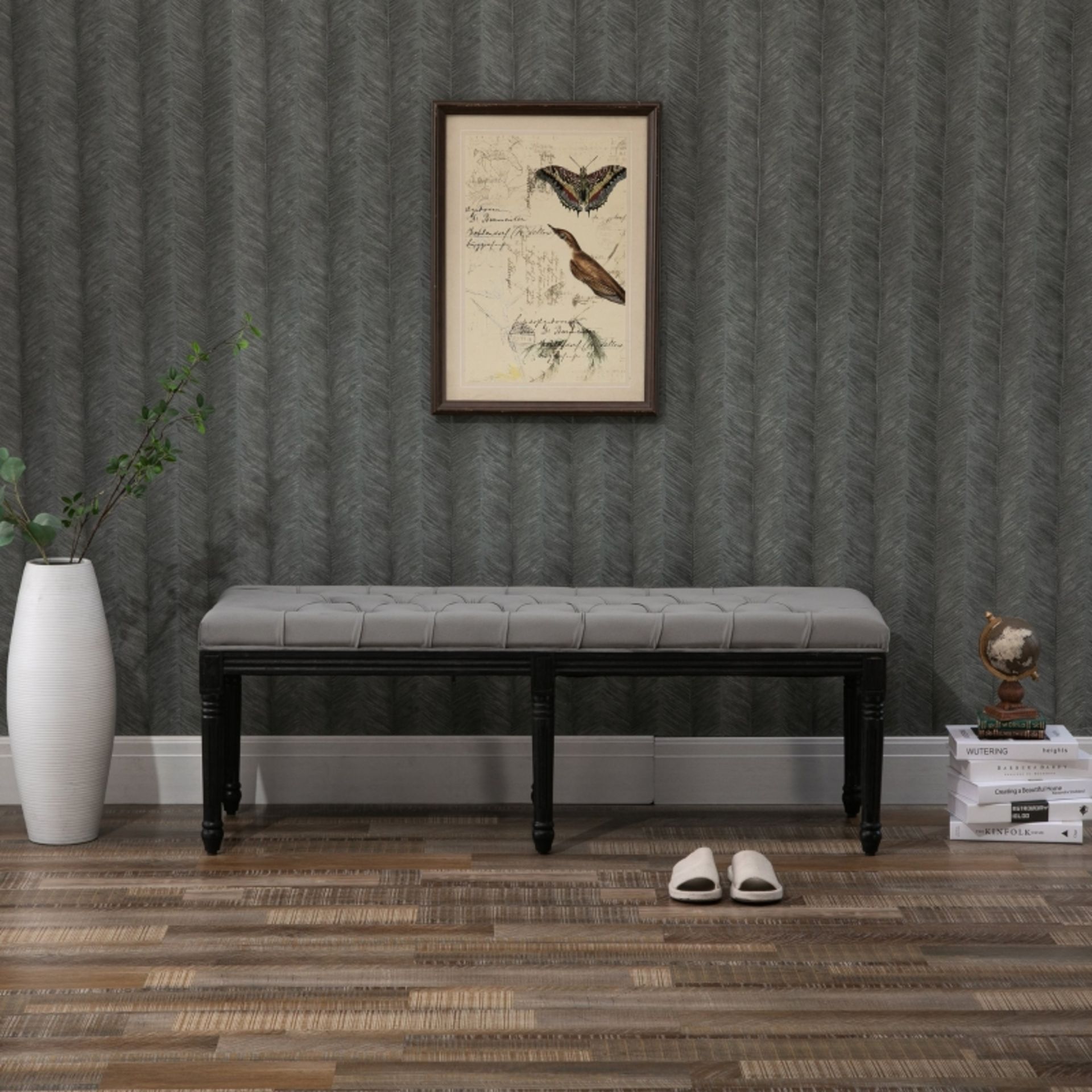 Tufted Upholstered Bench Upholstered In Grey Padded Fabric With Wooden Legs An Elegant Chic Bench