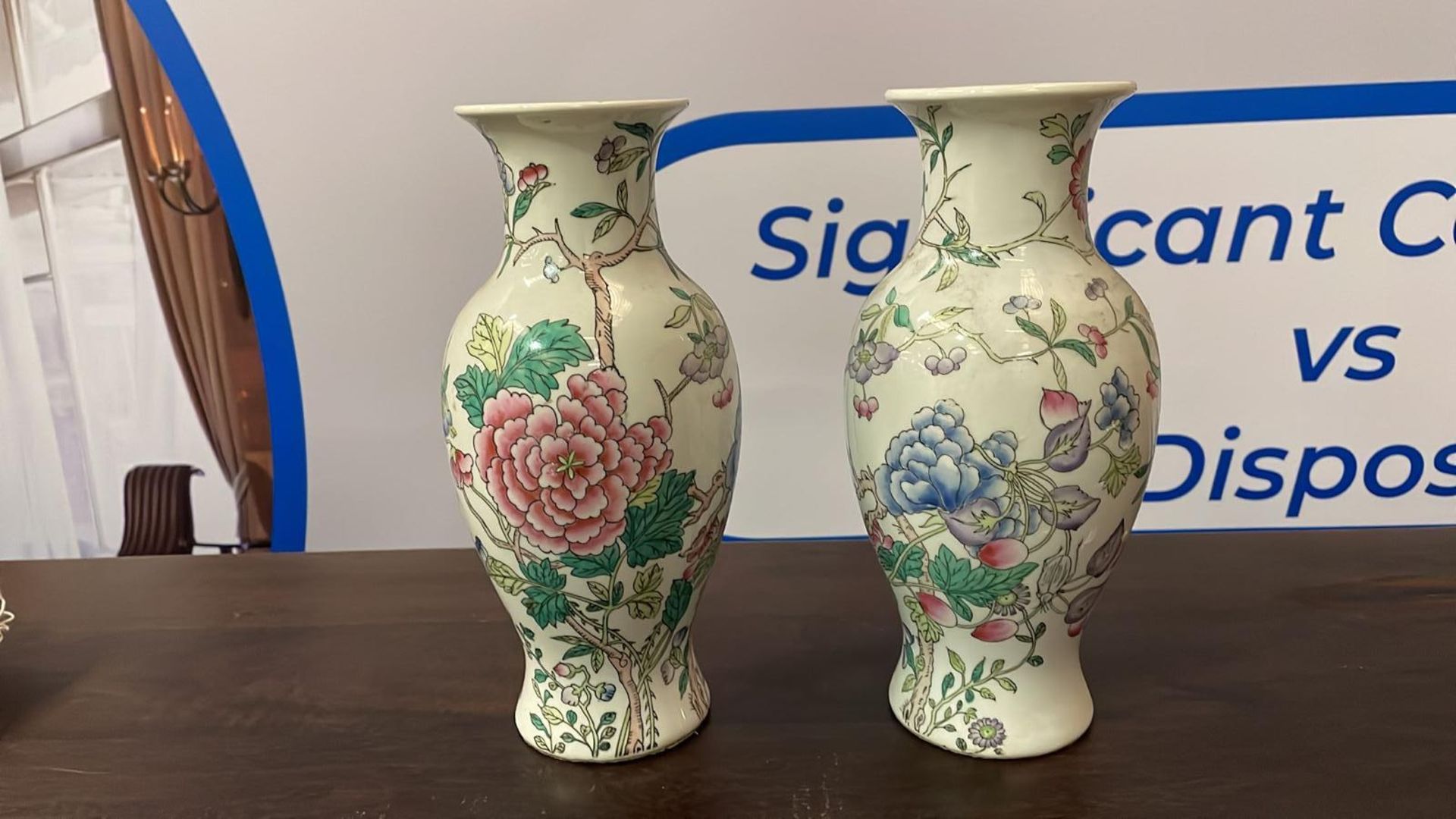 2 x glazed Chinese Asian Baluster Form Porcelain Hand Painted Vase with Flowers and Vine 260cm (