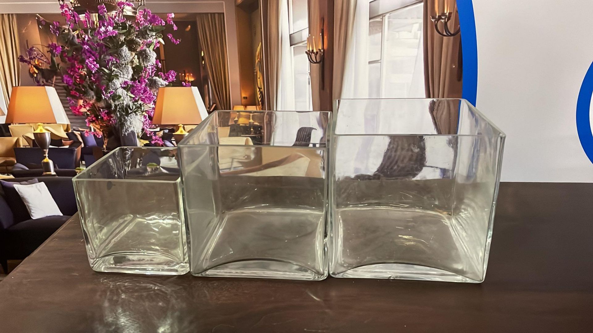 3x Clear Square Handblown Glass Vases as photographed
