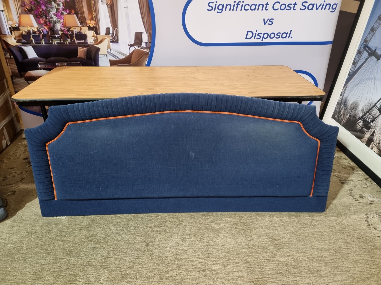 Large blue headboard luxury padded upholstered with red piping and pleated edge 1800 x 800mm (H) (