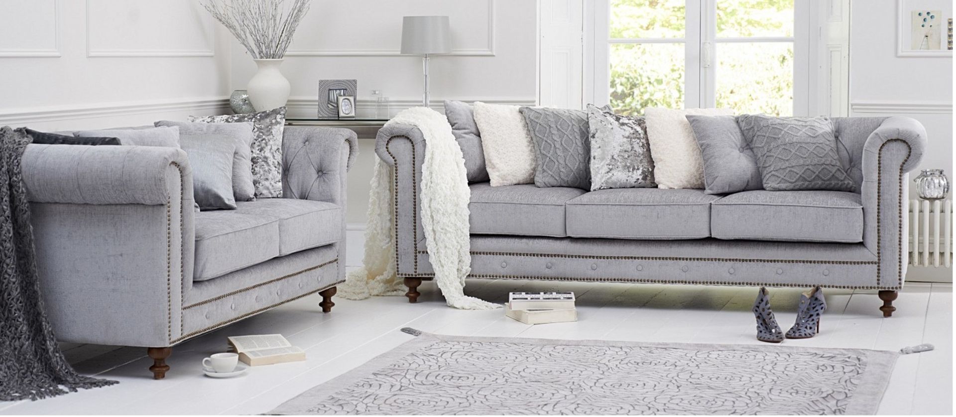 Milano Chesterfield Grey Plush Fabric Two Seater Sofa Exudes Modern Luxury With Raditional Buttoning - Image 2 of 2