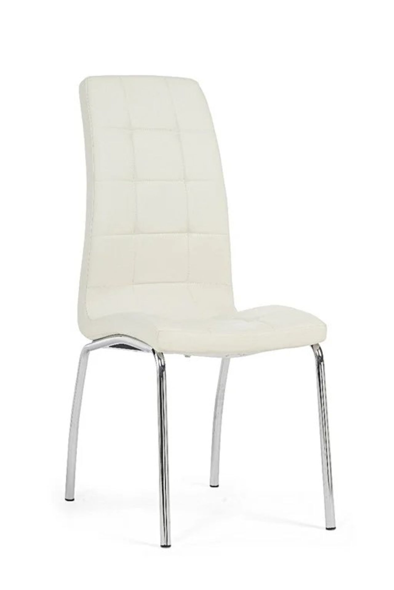 A Set of 6 x Calgary White Faux Leather Dining Chairs Stylishly angled chrome legs support faux
