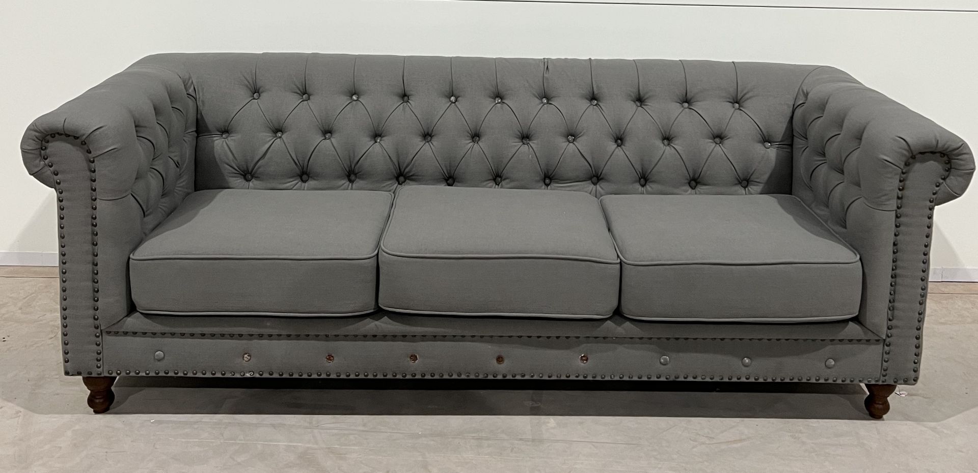 Milano Chesterfield Grey Plush Fabric Three Seater Sofa Exudes Modern Luxury With Raditional - Image 2 of 2