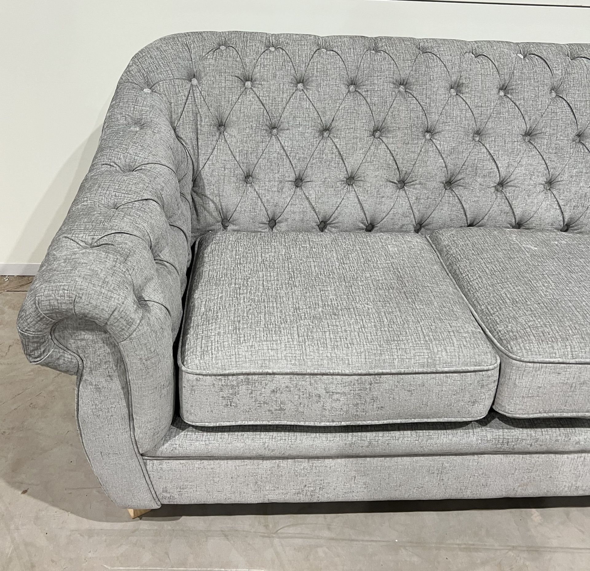 Lilly Chesterfield Grey Plush Fabric Two-Seater Sofa Featuring Deep-Buttoning, Rolled Arms And - Image 2 of 2
