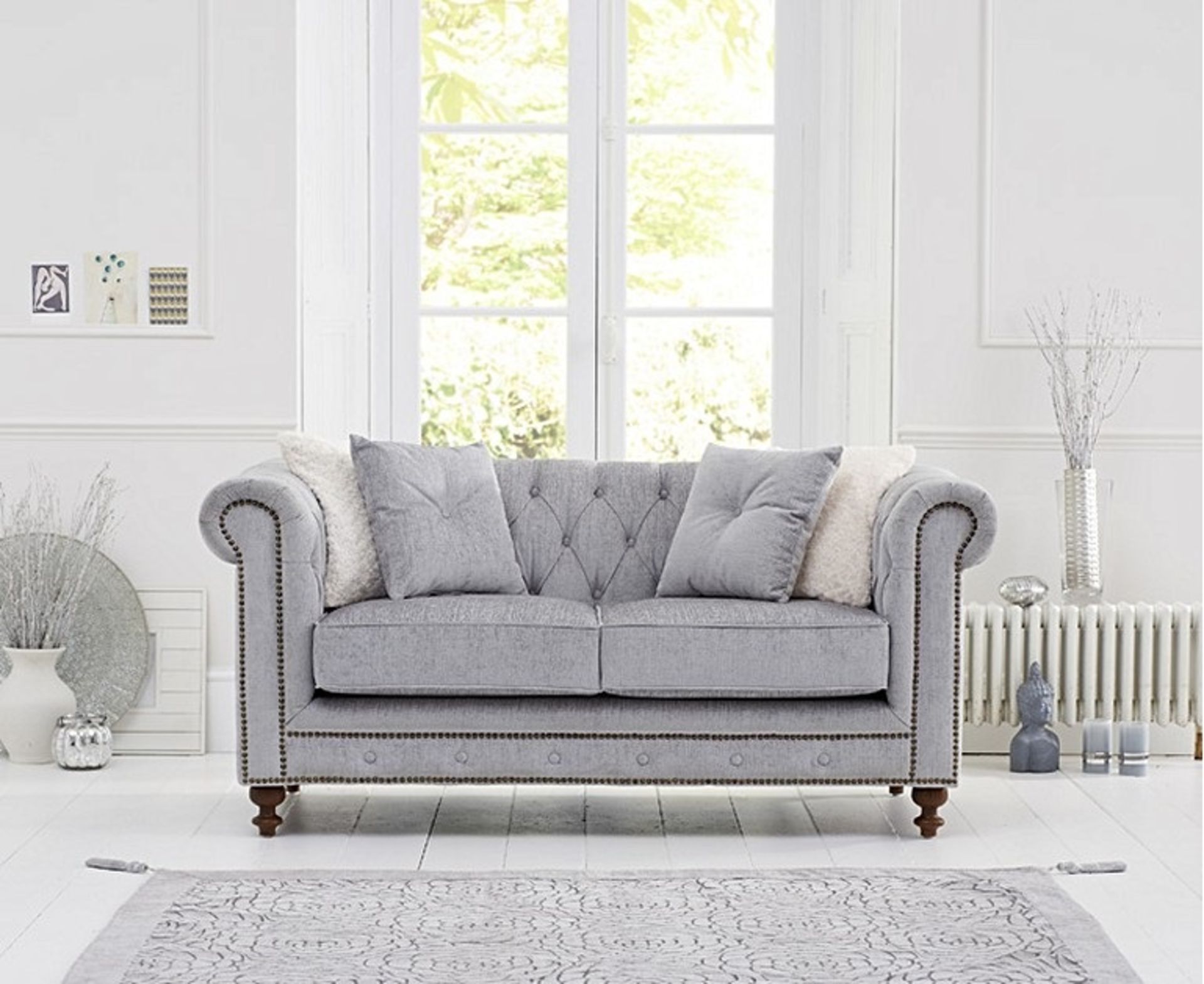 Milano Chesterfield Grey Plush Fabric Two Seater Sofa Exudes Modern Luxury With Raditional Buttoning