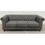 Milano Chesterfield Grey Plush Fabric Three Seater Sofa Exudes Modern Luxury With Raditional