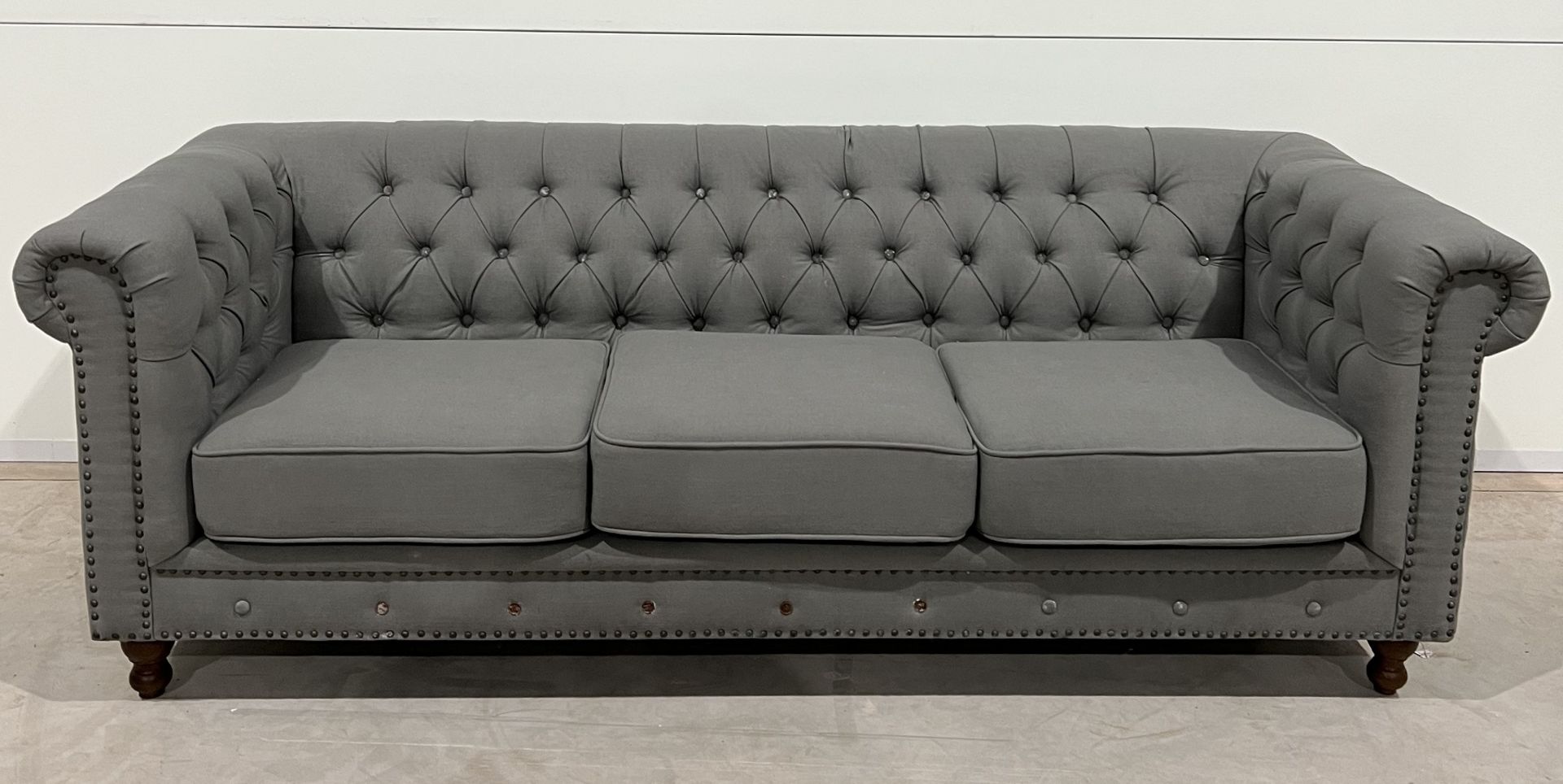 Milano Chesterfield Grey Plush Fabric Three Seater Sofa Exudes Modern Luxury With Raditional