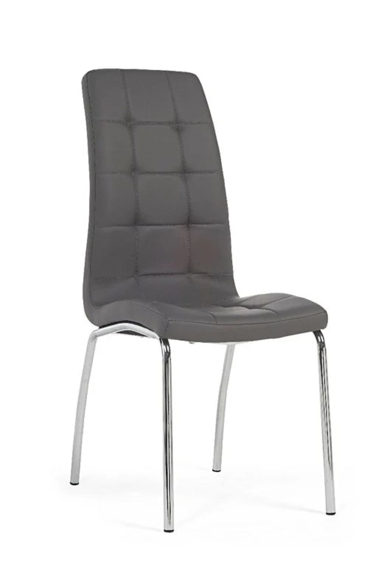 A set of 6 x Calgary Grey Faux Leather Dining Chairs Stylishly angled chrome legs support faux