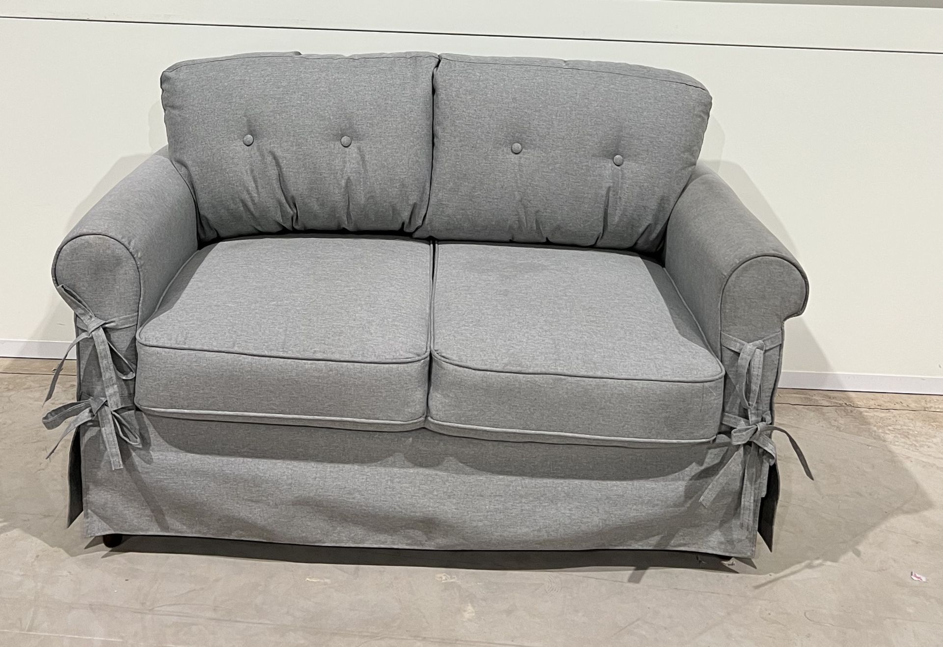 Clement Sofa Grey With Pretty Bow Detailing, Edged Cushions And Skirting, The Clement Collection