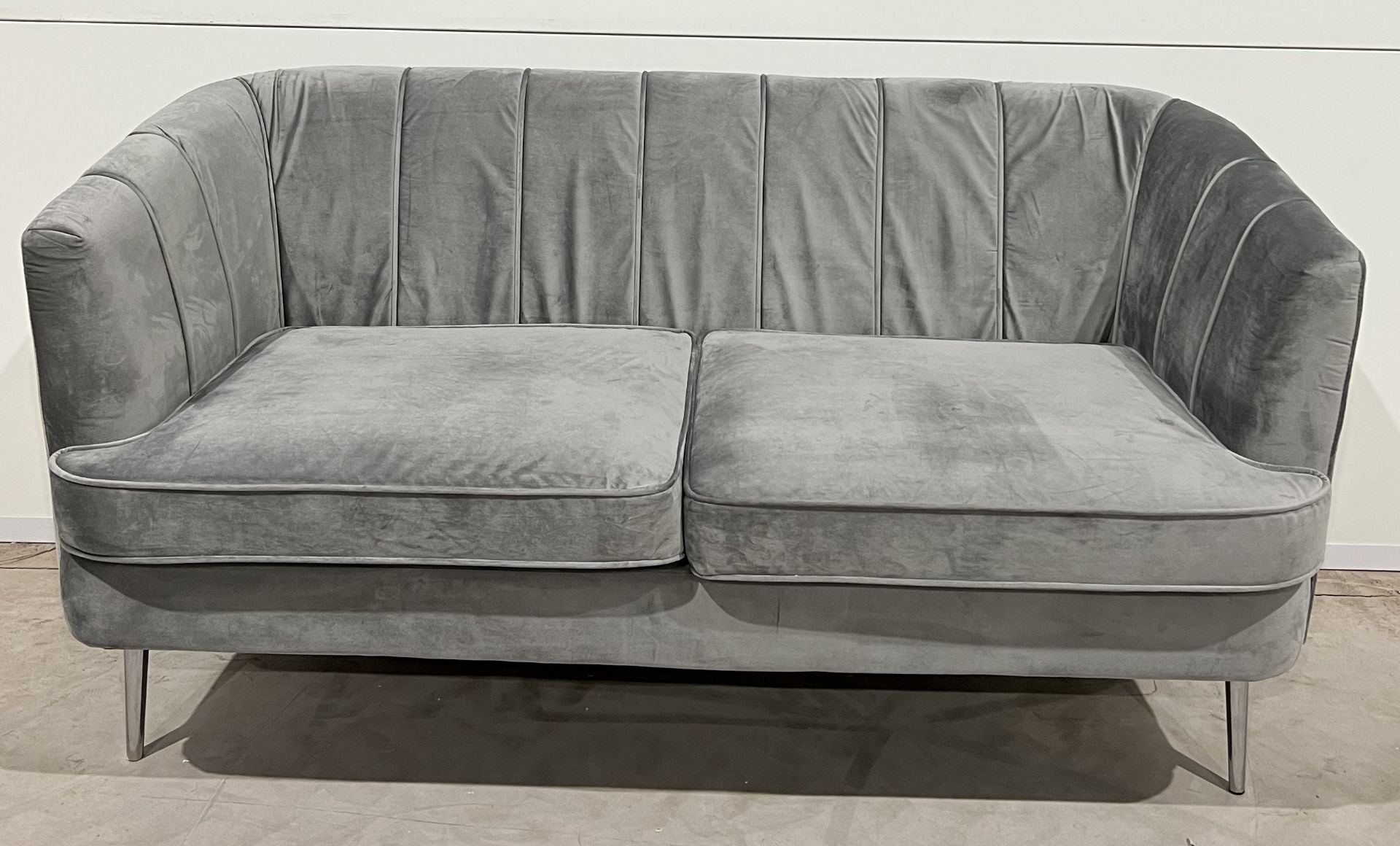Lulu Sofa In Grey Velvet With Silver Metal Legs Reminiscent Of An Exotic Seashell. Exceptionally