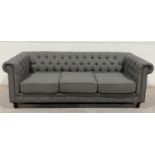 Milano Chesterfield Grey Plush Fabric Three Seater Sofa Exudes Modern Luxury With Raditional