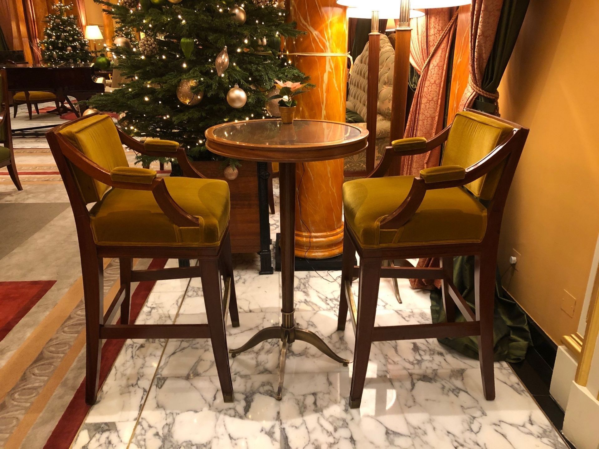 Neoclassic style mahogany tall bar stool with a aged gold upholstered padded back and seat part - Image 2 of 2