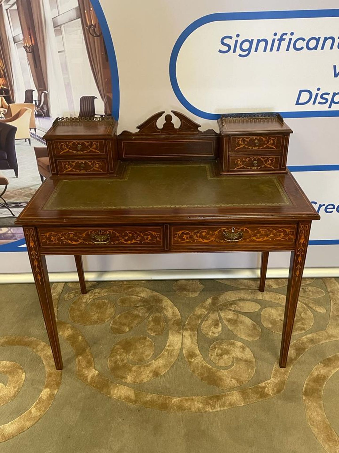 Mahogany Inlaid Marquetry Edwardian Carlton House style Desk The top of the desk is surmounted
