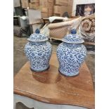 A Pair Of Maitland Smith Chinoiserie Blue And White Ginger Jars With Lids Peonies And Fauna
