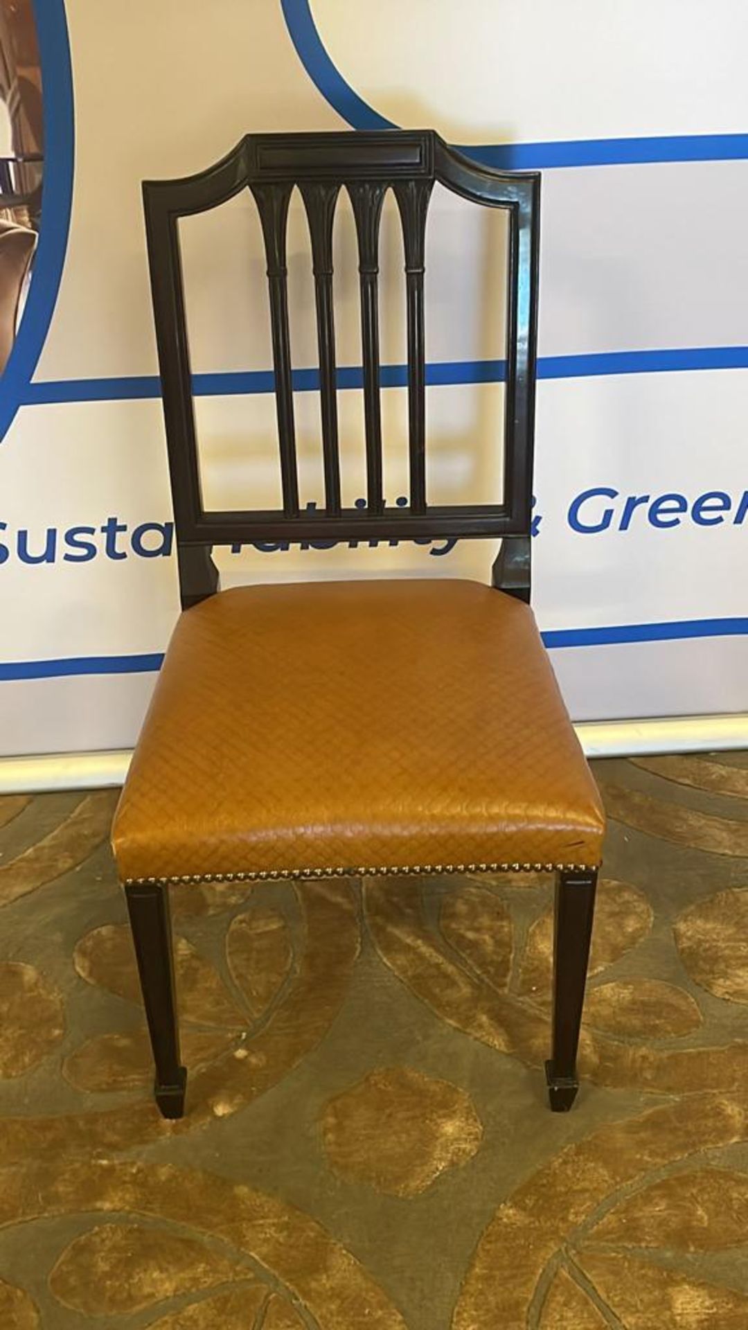 Georgian Style Side Chair Open Ribbon Carved Splat With tan patterned Leather Upholstered Seat Pad