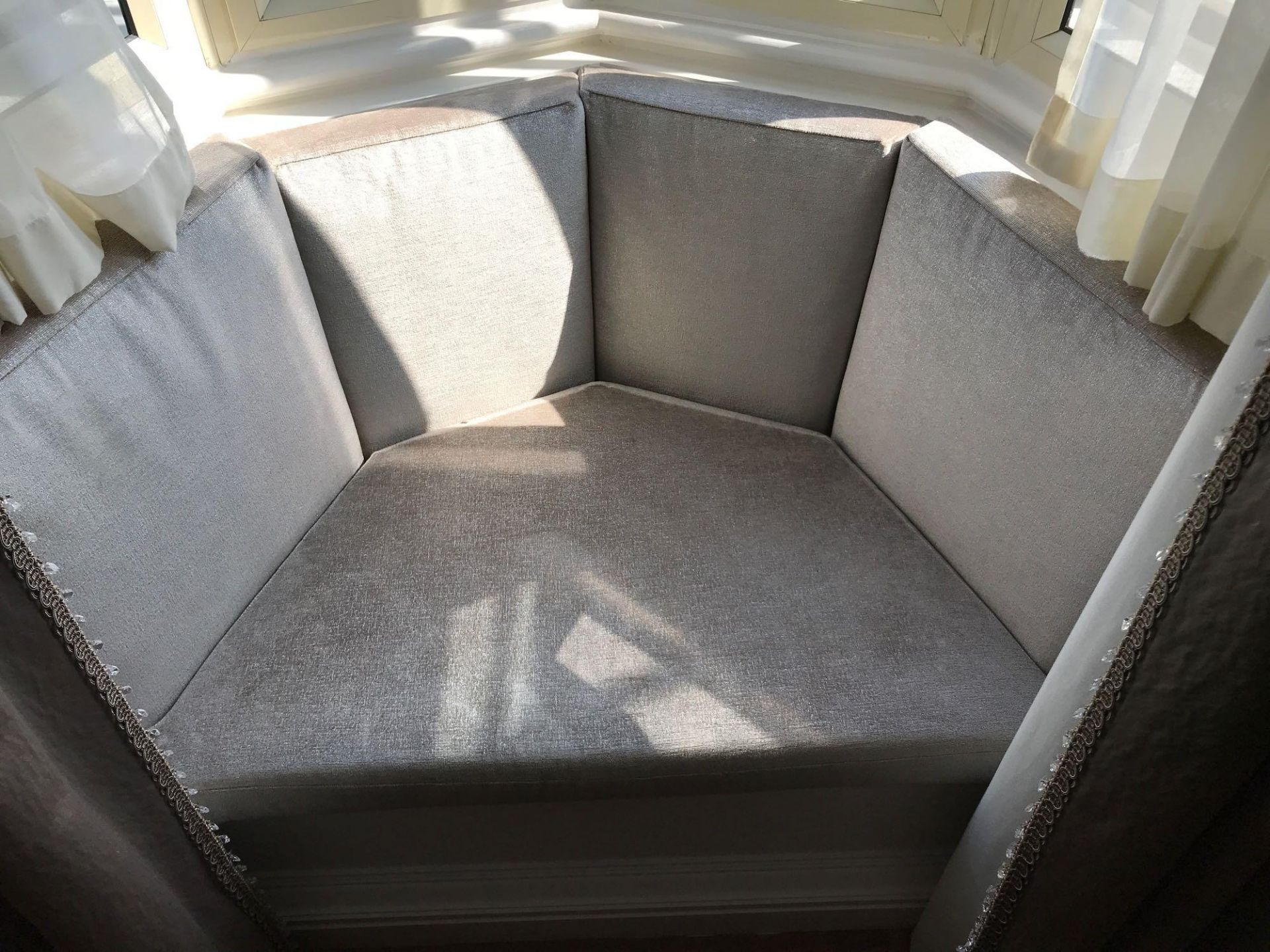 Custom Upholstered Trapezoid Bay Window Seat Cushion Pad in silver And Scatter Cushions Set 140 x