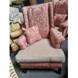 Upholstered Wingback Fireside Chair In A Damask Pink Fabric With Golden Leaf Pattern With Contrast