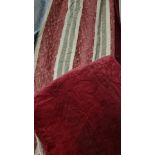 3 x very heavy cotton drapery panels fully lined and insulated in a red gold and green pattern lined