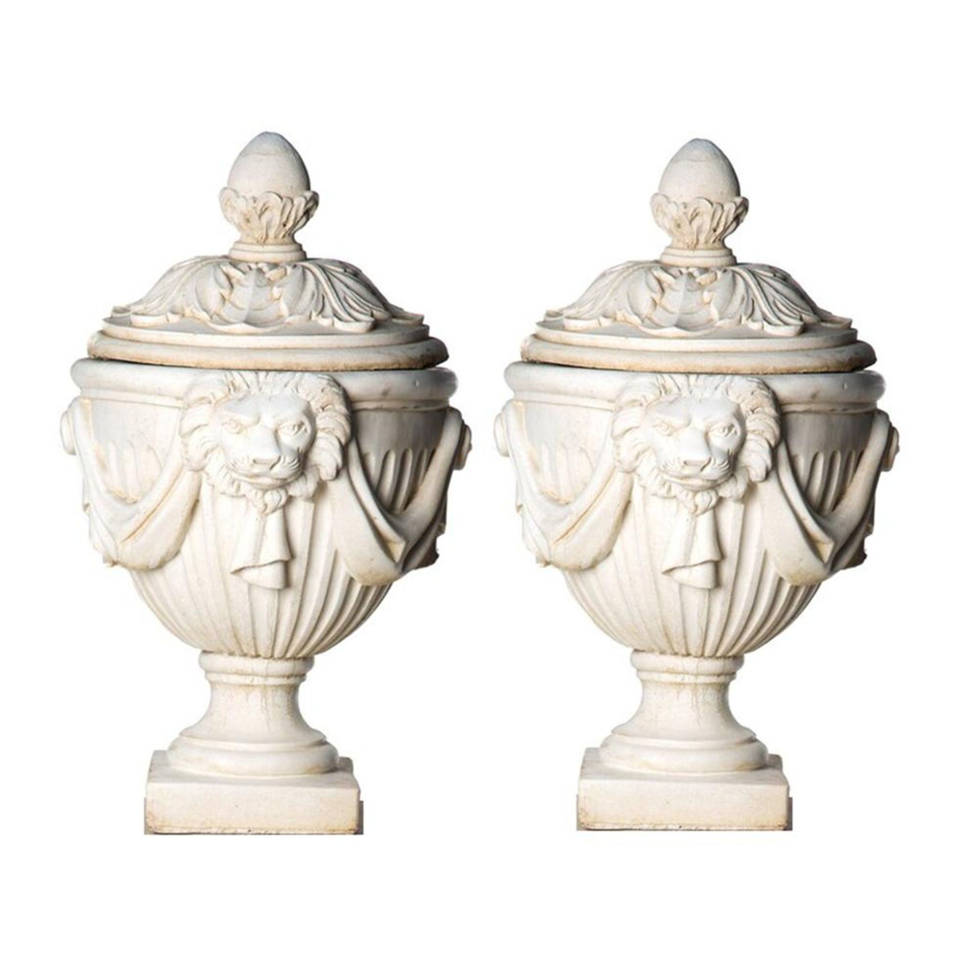 A Pair Of Very Large White Stone Cast Lion Head Design Continental Urns Cast In A White/ Cream Stone