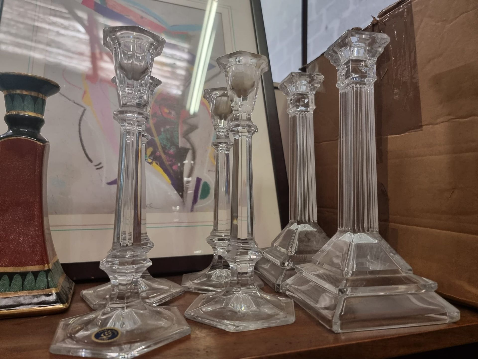 A set of 6 x Poltar Crystal 24% Pbo candlesticks 4 are 9” round base and 2 are 10”  square elegant