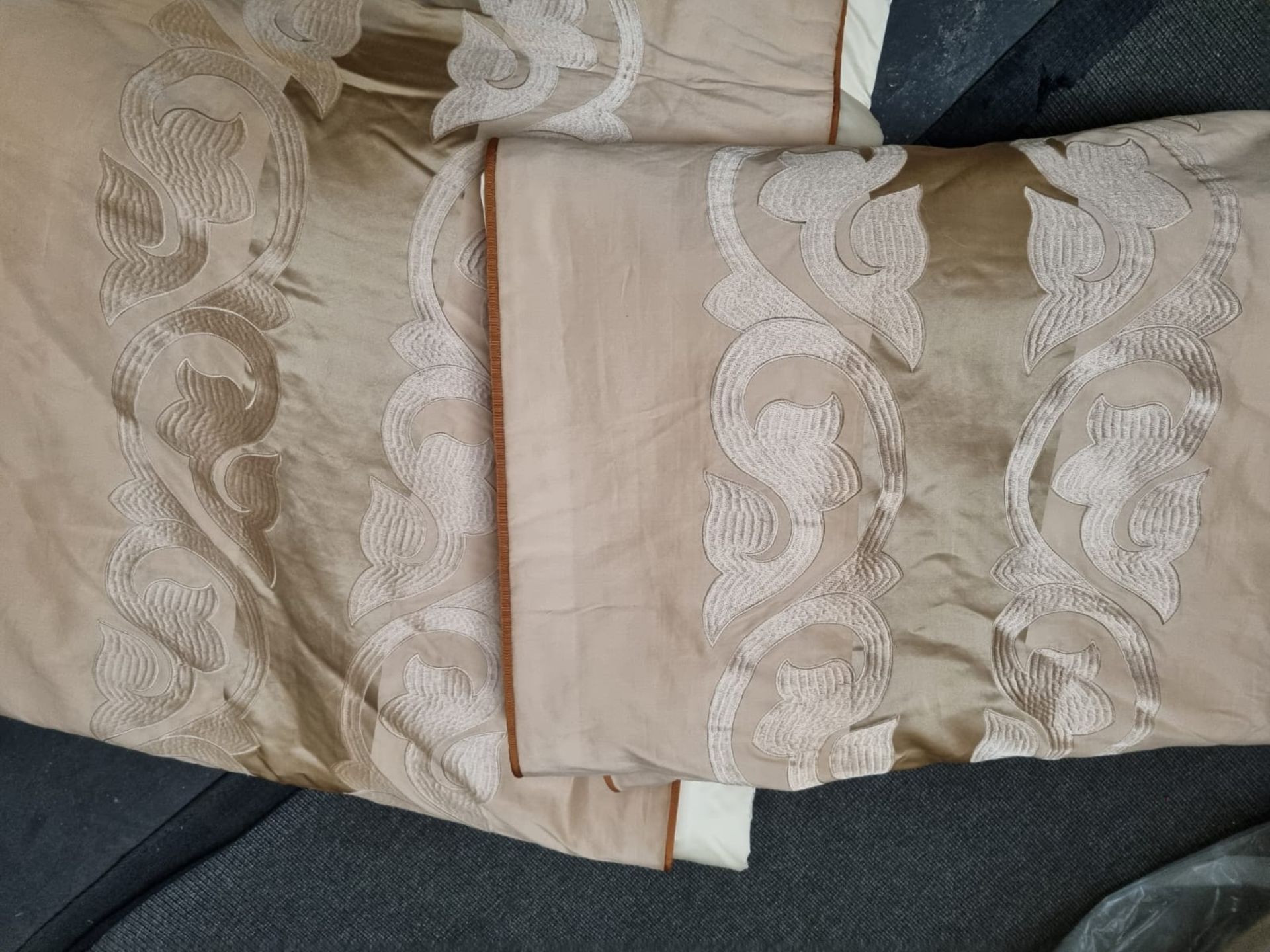 A Pair Of Silk Drapes Fully Lined With Pleated Top Gold Silk With And Embossed Floral Repeating - Image 2 of 3