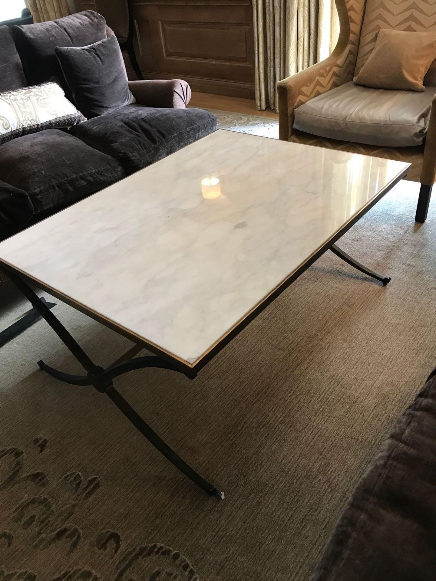 White Marble Coffee Table With Bronzed Frame Criss-Cross Style Legs And Pole Stretcher 115 x 60 x