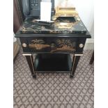 Marble Top Chinoiserie Black Lacquer Nightstand With Single Drawer With Hand Painted Detailing 60