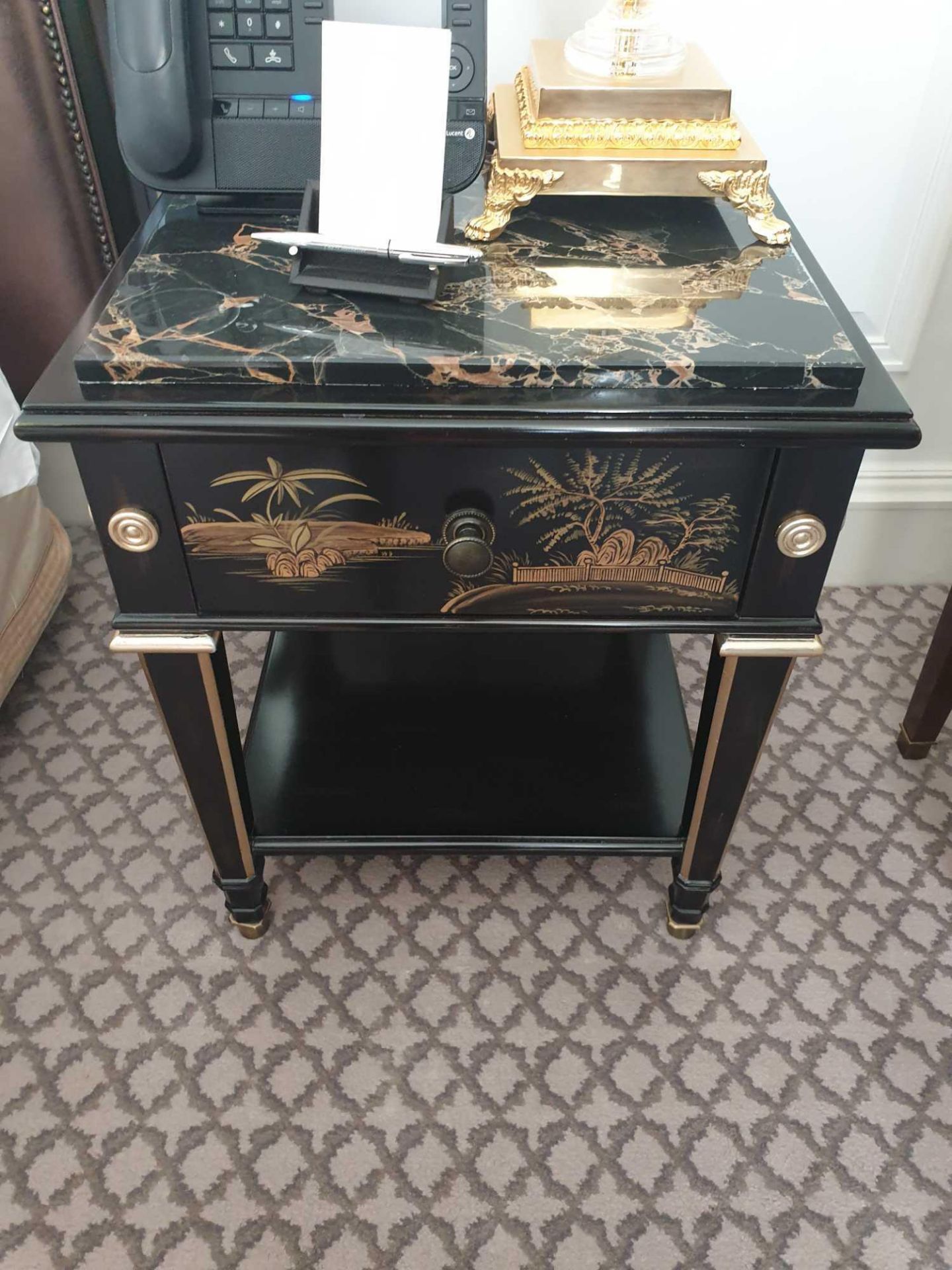 Marble Top Chinoiserie Black Lacquer Nightstand With Single Drawer With Hand Painted Detailing 60