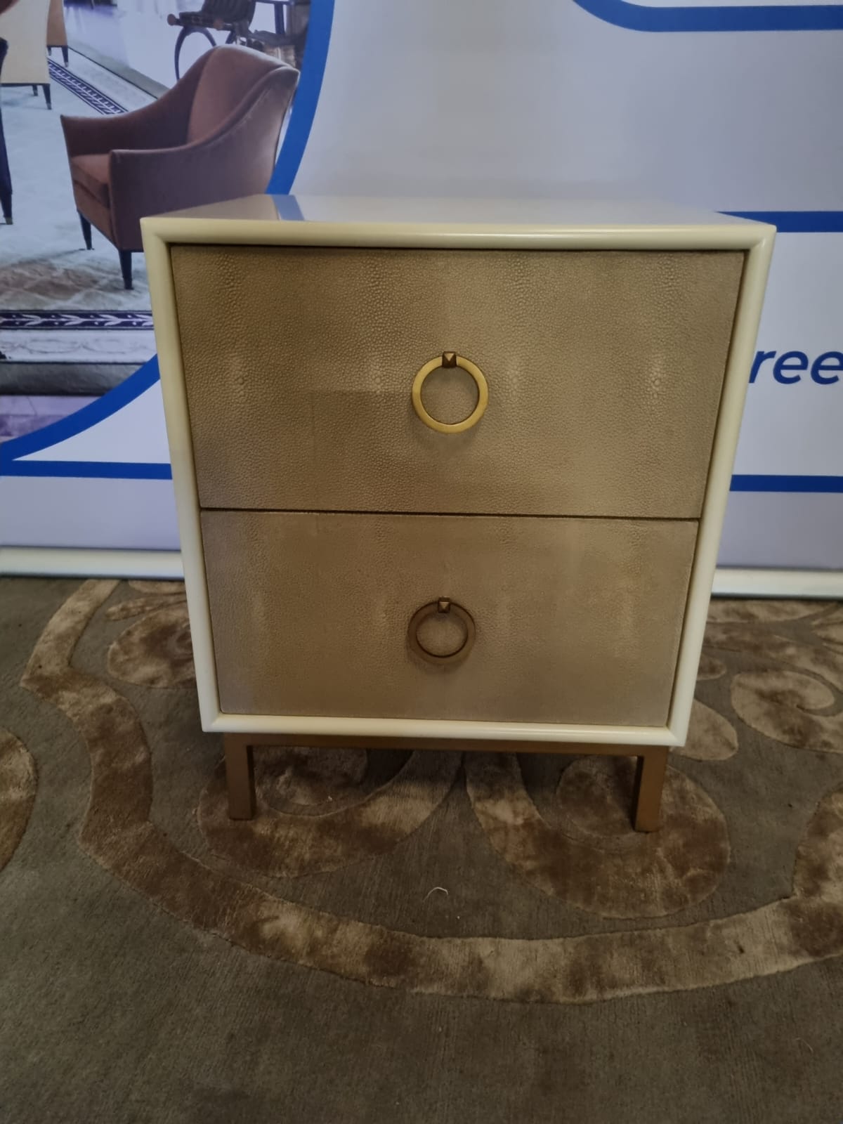 Sounder Two Drawer Bedside Cabinet Cream Wood Wish Shagreen Panel Doors On Brass Legs With Brass