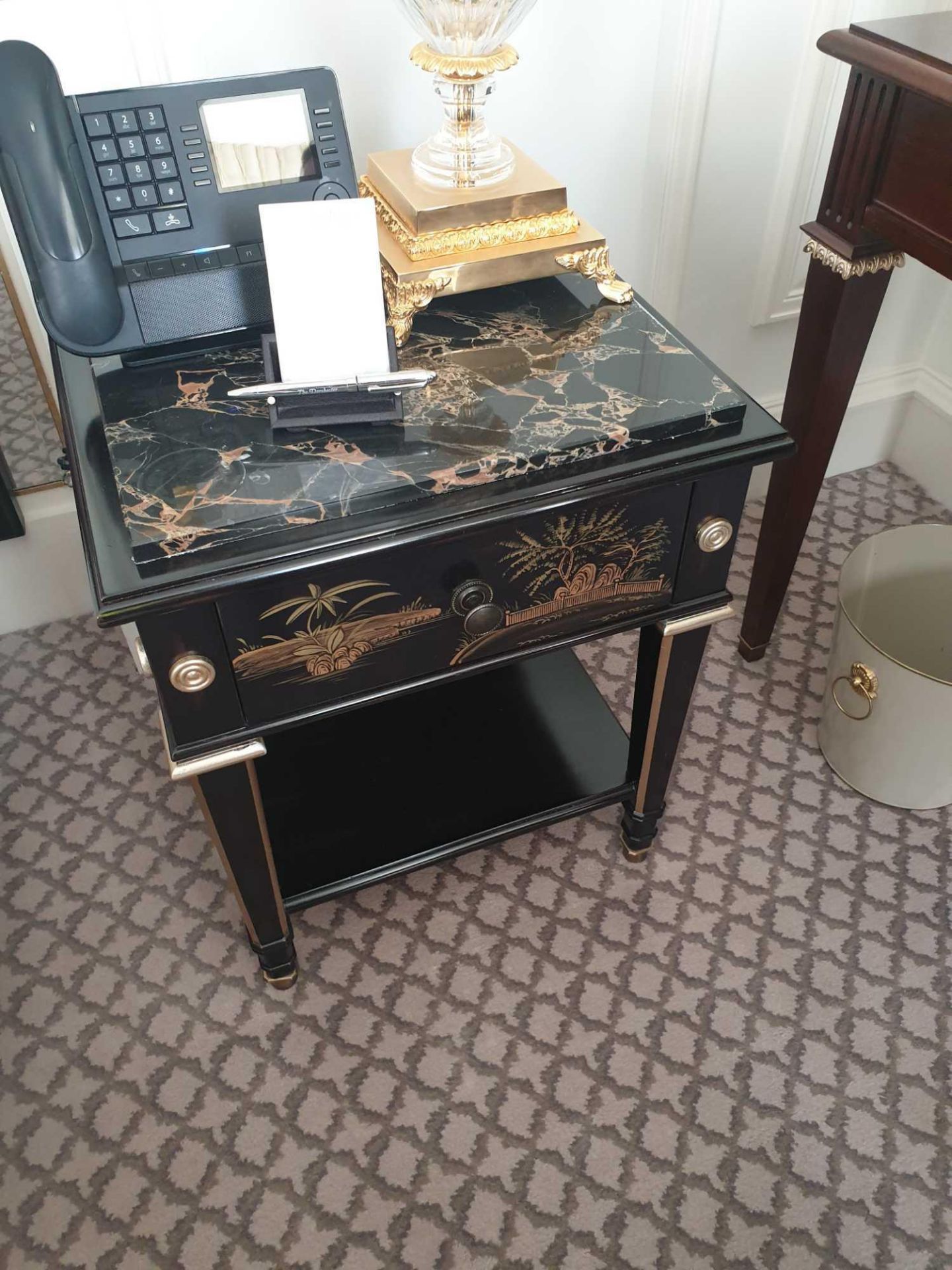 Marble Top Chinoiserie Black Lacquer Nightstand With Single Drawer With Hand Painted Detailing 60 - Image 2 of 3