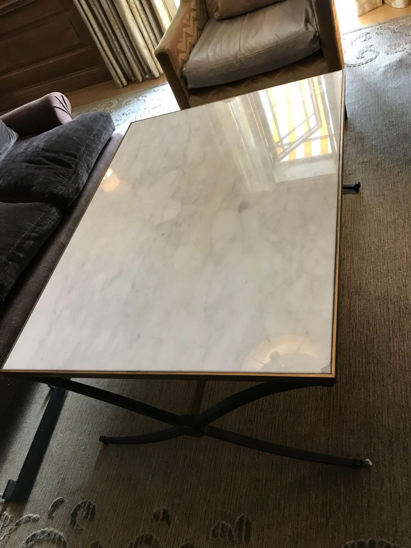 White Marble Coffee Table With Bronzed Frame Criss-Cross Style Legs And Pole Stretcher 115 x 60 x - Image 2 of 2