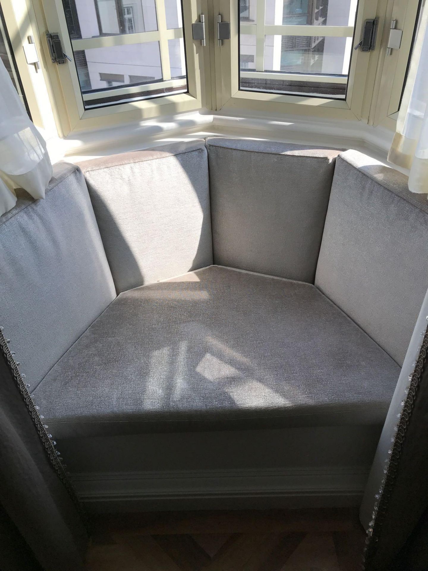 Custom Upholstered Trapezoid Bay Window Seat Cushion Pad in silver And Scatter Cushions Set 140 x