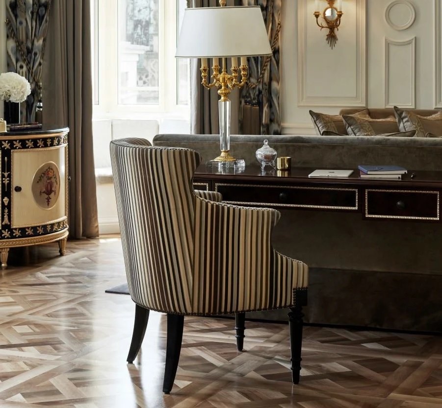 Wing Back mid-century inspired Accent Chair In Grey Stripe Upholstery On Hardwood Dark Stain Base 55