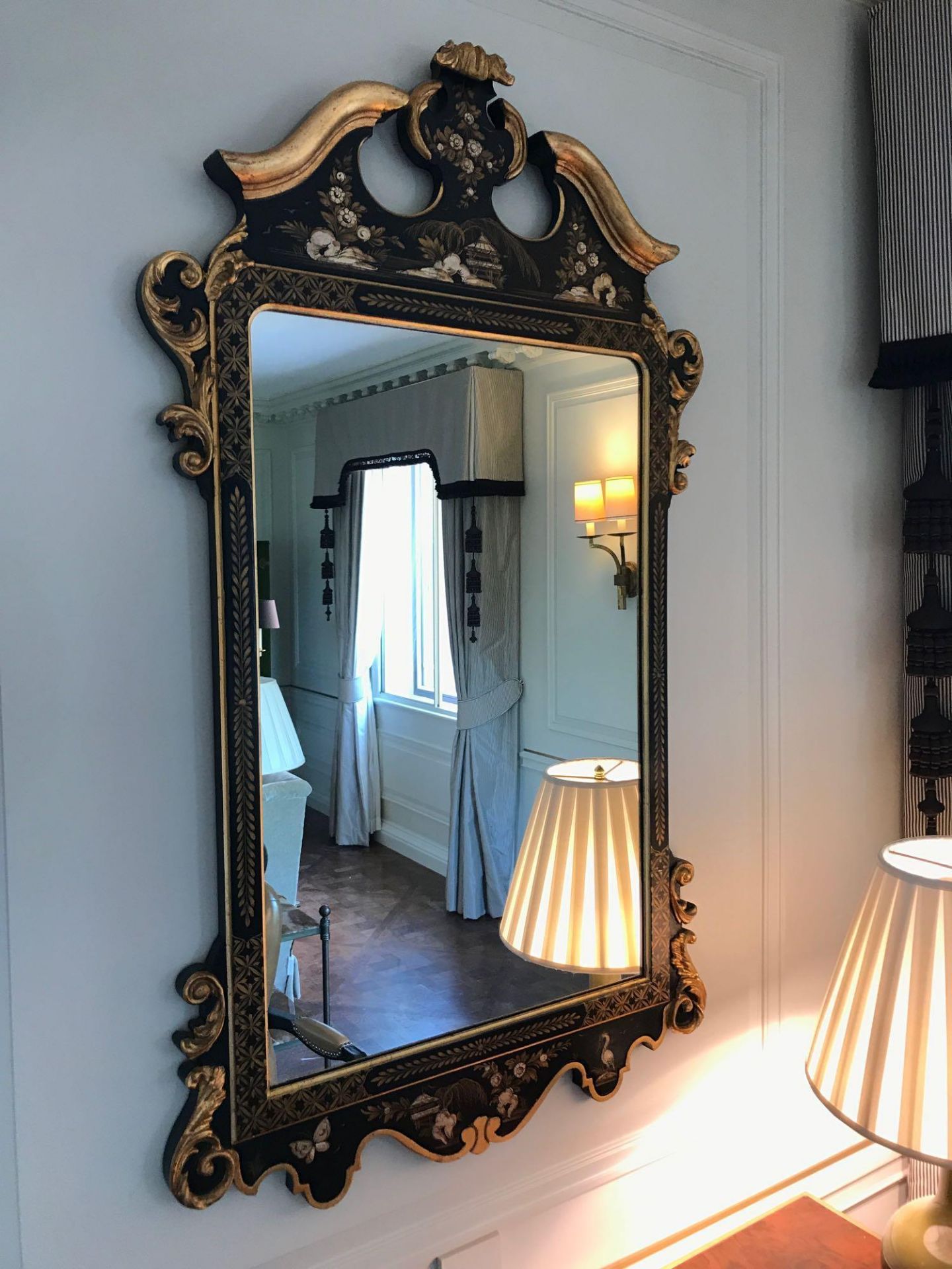 Chinoiserie black lacquer ornate carved mirror with gilt detail 72 x 125cm