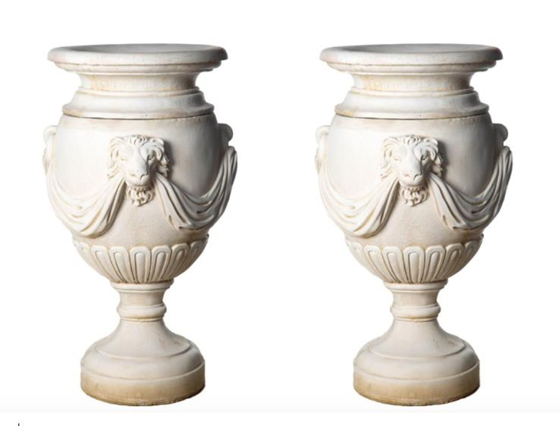 A Pair Of Extremely Large Draped Lion Head Garden Urns Extremely Large Antique Style Pot With Swag