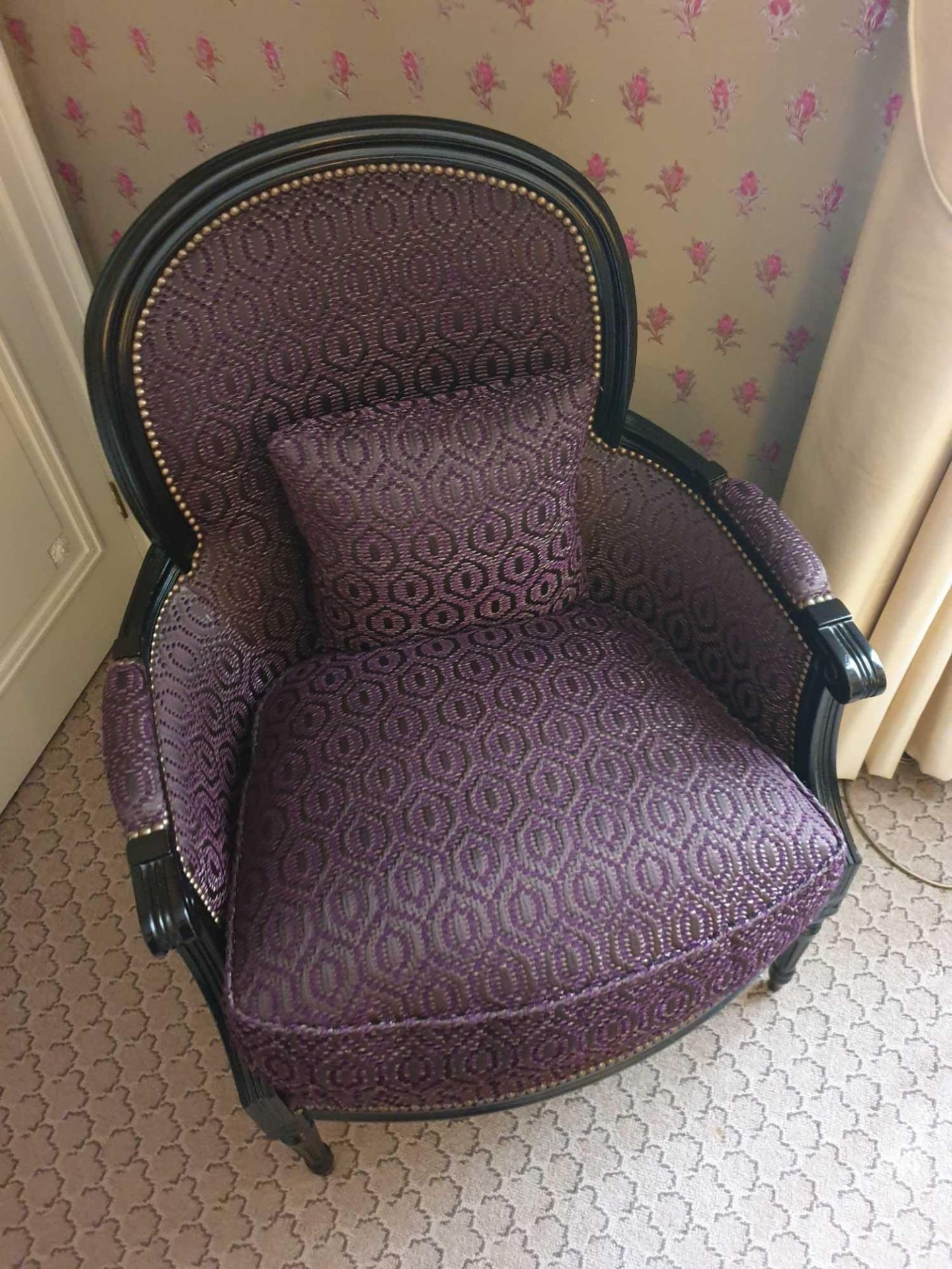 Bergere Chair Black Wood Frame Upholstered In A Dark Mauve Pattern With Stud Pin Detail