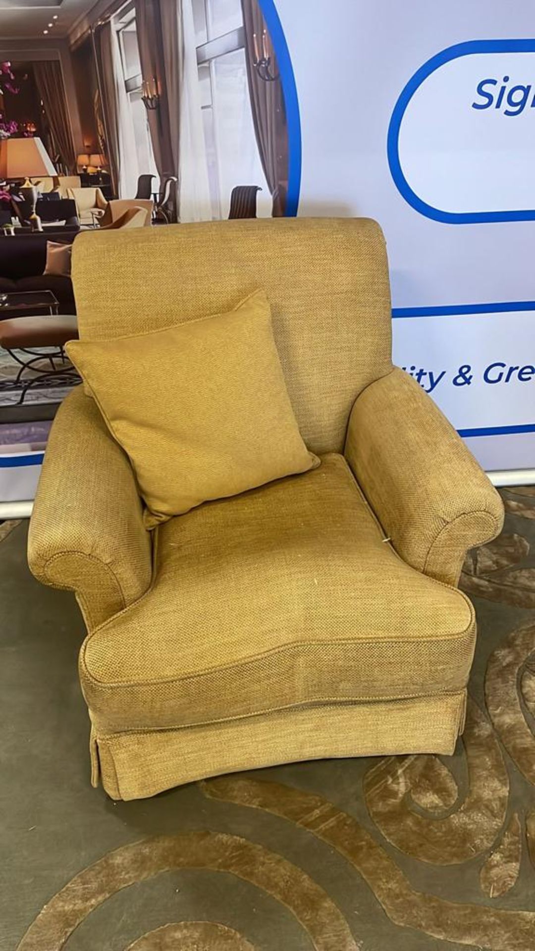 Yellow arm chair with skirt (missing coaster) 60 (P) x 70 (W) x 92 (H)