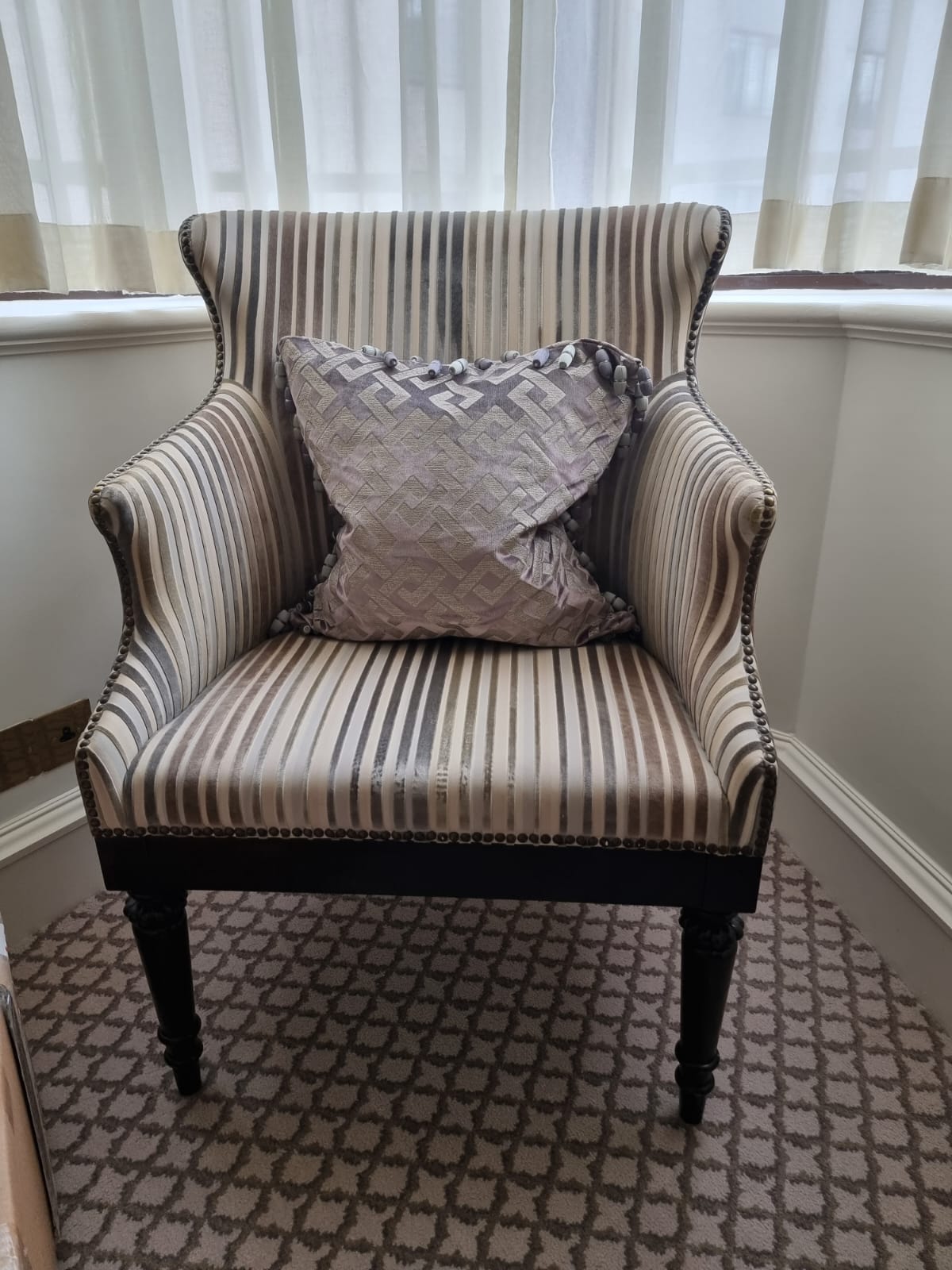 Wing Back mid-century inspired Accent Chair In Grey Stripe Upholstery On Hardwood Dark Stain Base 55 - Image 2 of 3