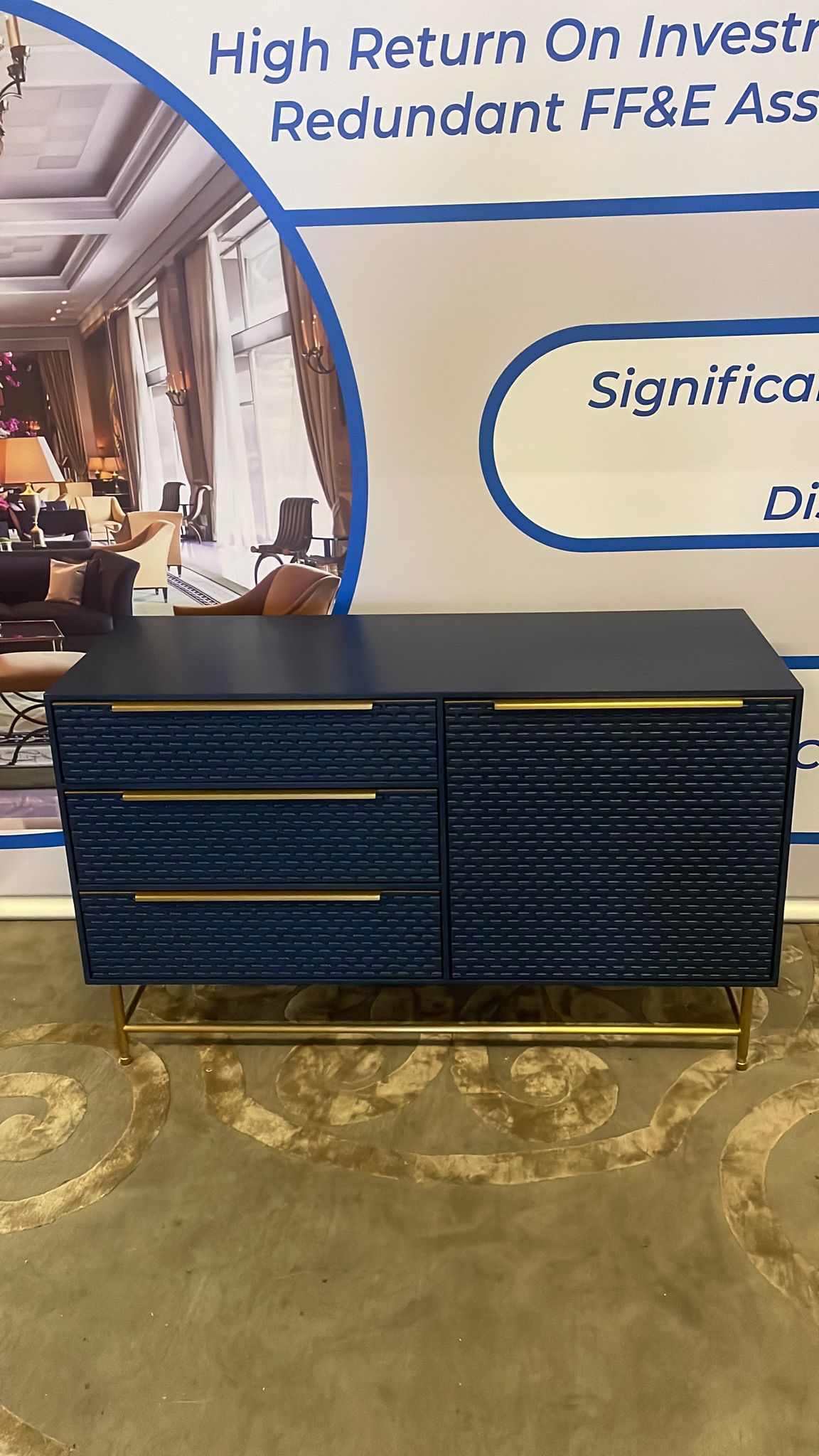 Combe 3 Drawer Sideboard Finished In A Stylish Blue The Honeycomb Carved Solid Oak Doors Creating