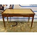Writing Desk High Gloss Ebony Wood With Tooled Leather Inlay Faux Central Drawer Flanked By Single