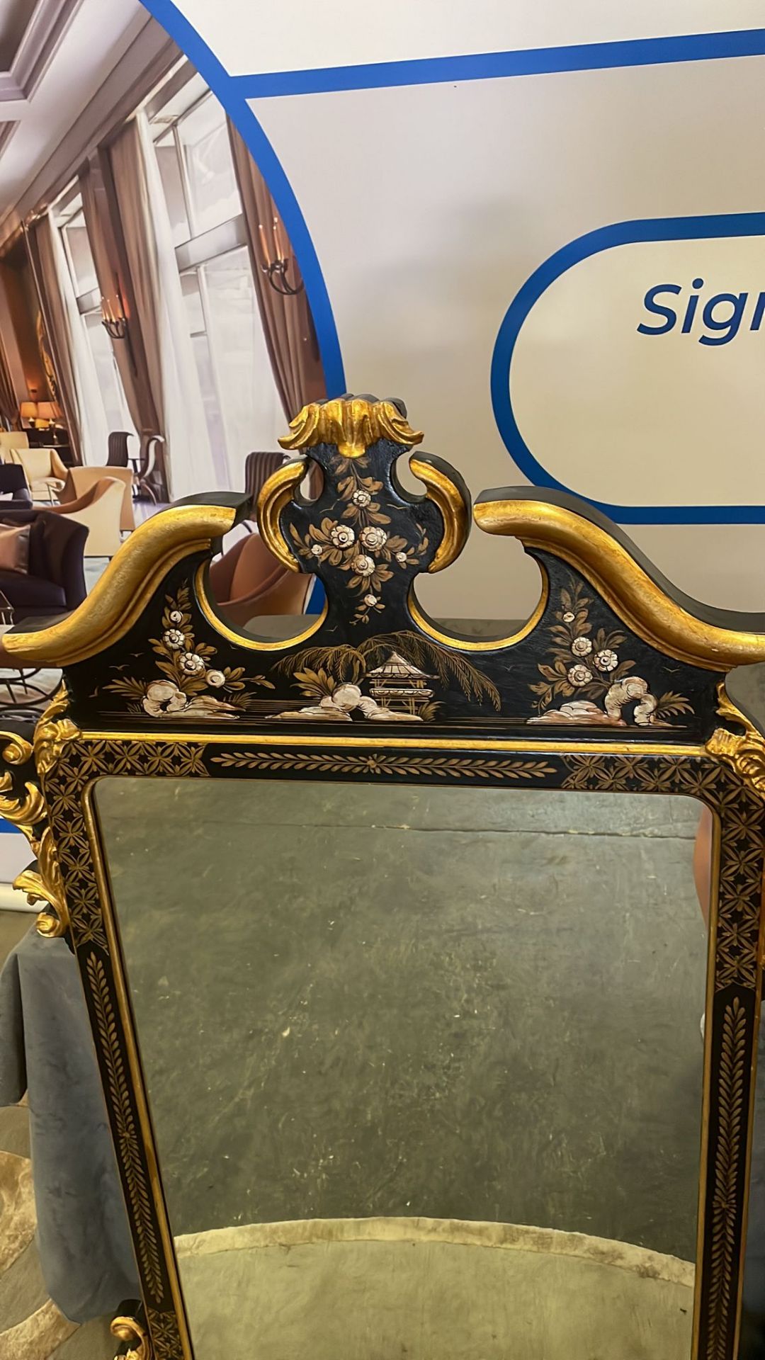 Chinoiserie black lacquer ornate carved mirror with gilt detail 72 x 125cm - Image 3 of 3