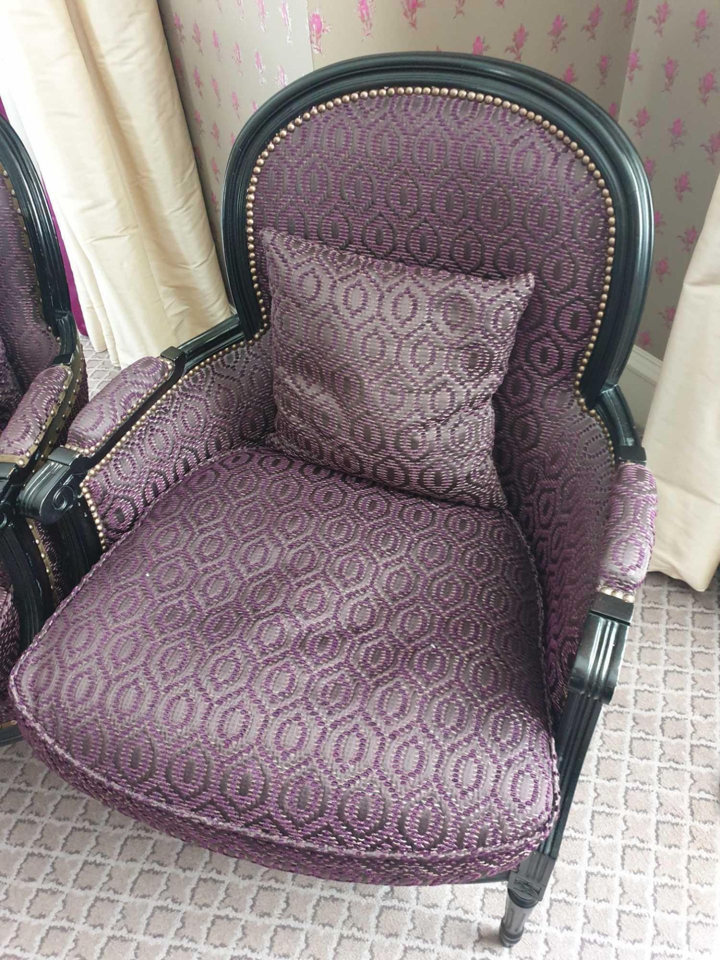 A pair of Ã‚ Bergere Chair Black Wood Frame Upholstered In A Dark Mauve Pattern With Stud Pin Detail - Image 3 of 3