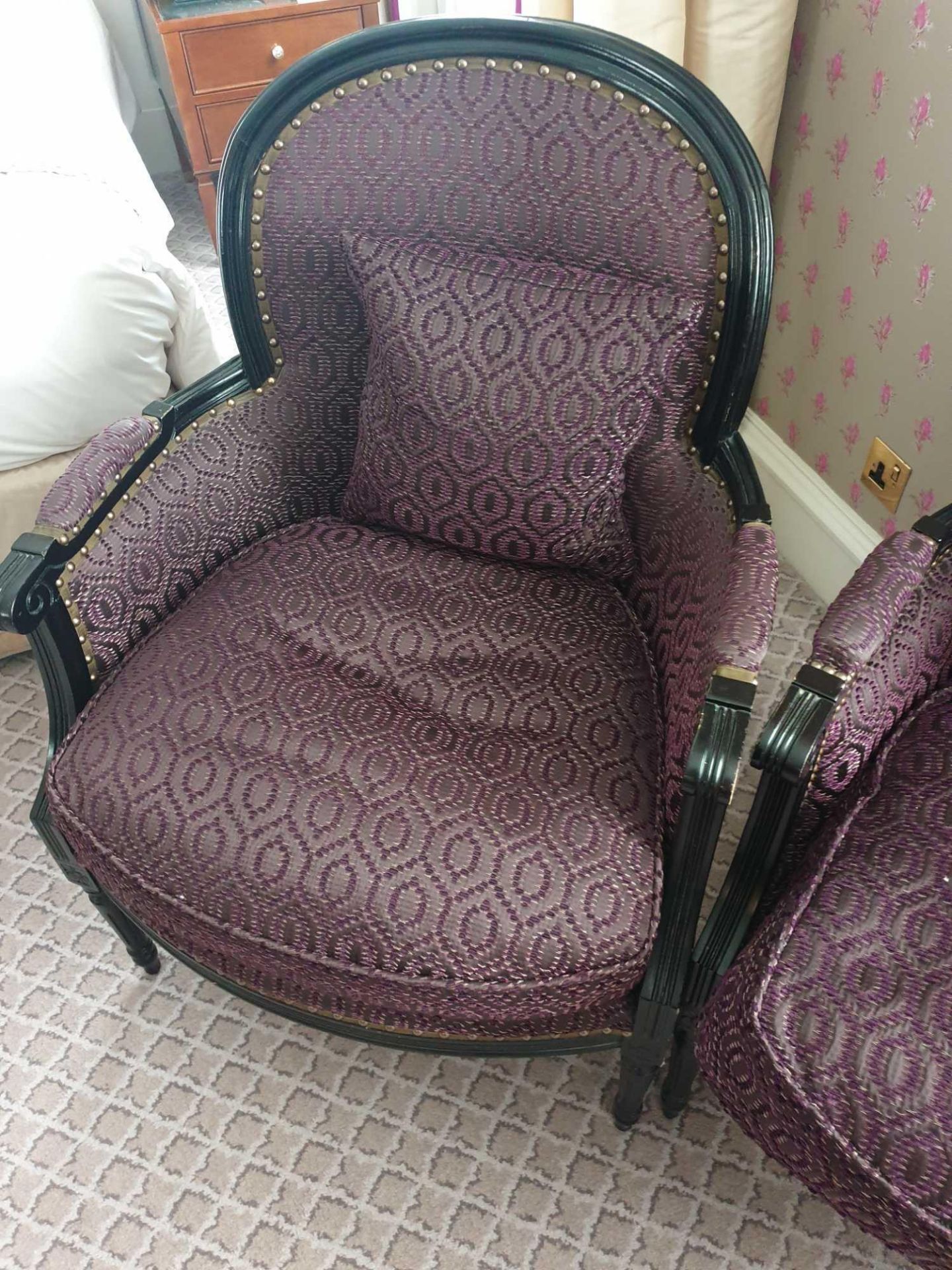 A pair of Ã‚ Bergere Chair Black Wood Frame Upholstered In A Dark Mauve Pattern With Stud Pin Detail - Image 2 of 3